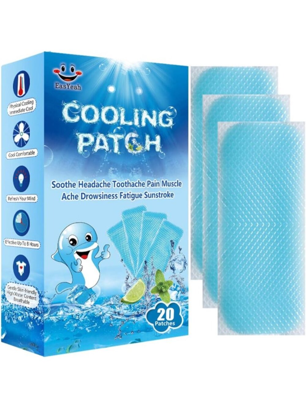 Cooling Patches for Fever & Pain Relief - 20 Sheets, Soothing Headache Relief